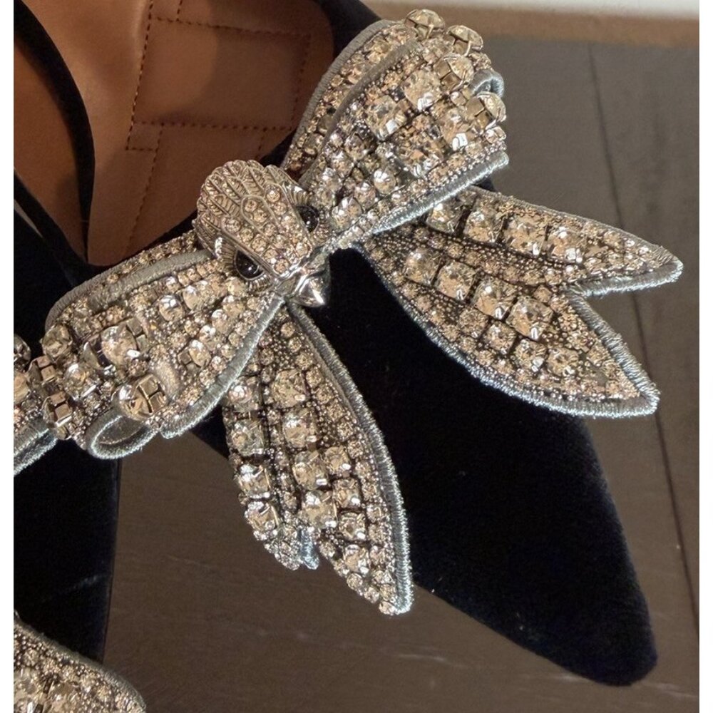 Kurt Geiger Size 7.5/ 38 Belgravia Black Velvet Rhinestone Bow Heels Shoes Pumps - Picture 4 of 15